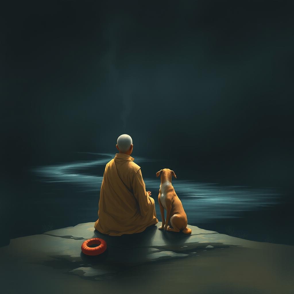 A serene depiction of a thero (Buddhist monk) sitting peacefully by a river, with a dark background that highlights the tranquility of the scene