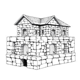 A black and white drawing from a side view of a dwarven squared housing block, showcasing 4 identical two-floored square stone buildings