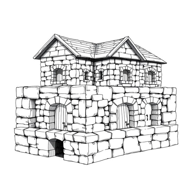 A black and white drawing from a side view of a dwarven squared housing block, showcasing 4 identical two-floored square stone buildings