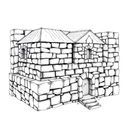 A black and white drawing from a side view of a dwarven squared housing block, showcasing 4 identical two-floored square stone buildings