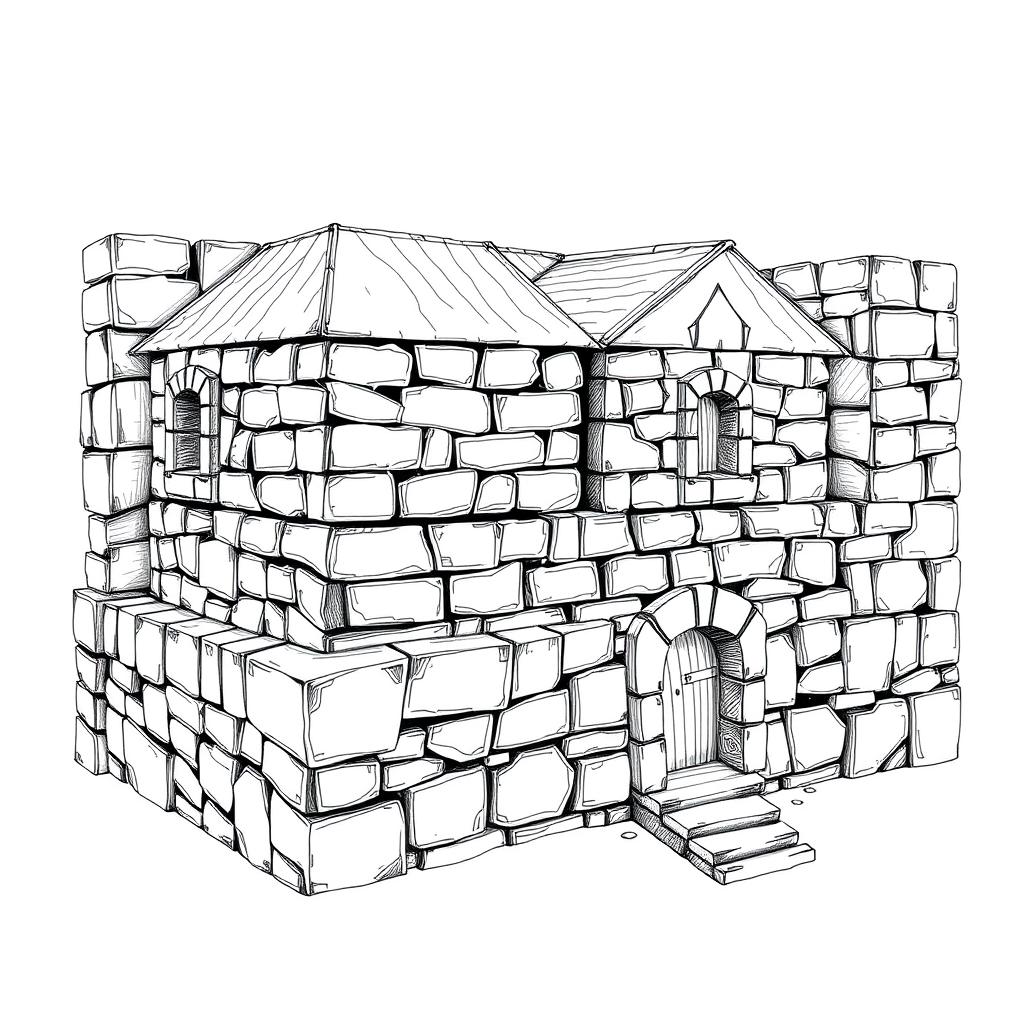 A black and white drawing from a side view of a dwarven squared housing block, showcasing 4 identical two-floored square stone buildings