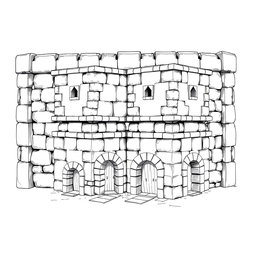 A black and white drawing from a side view of a dwarven squared housing block, showcasing 4 identical two-floored square stone buildings