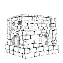 A black and white drawing from a side view of a dwarven squared housing block, showcasing 4 identical two-floored square stone buildings