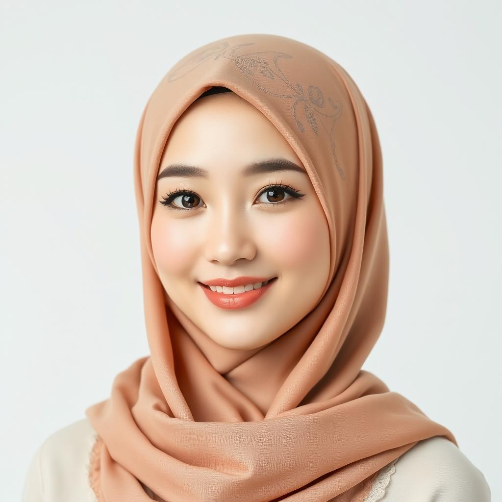 A beautiful Korean woman wearing a stylish hijab, featuring elegant and delicate patterns