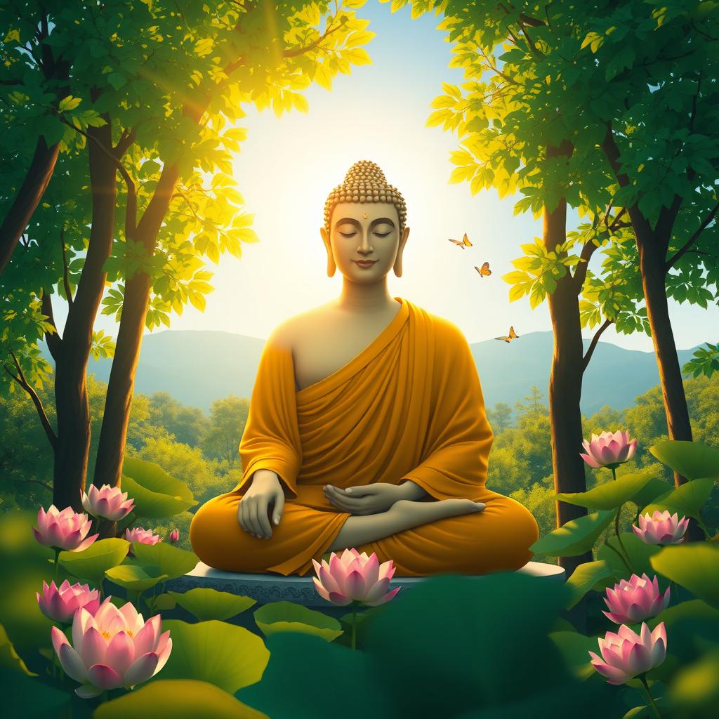 A serene depiction of Lord Buddha sitting peacefully in meditation, surrounded by a lush green forest