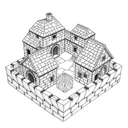 A side view black and white drawing of a dwarven squared housing block, showcasing 4 large identical two-floored square stone buildings