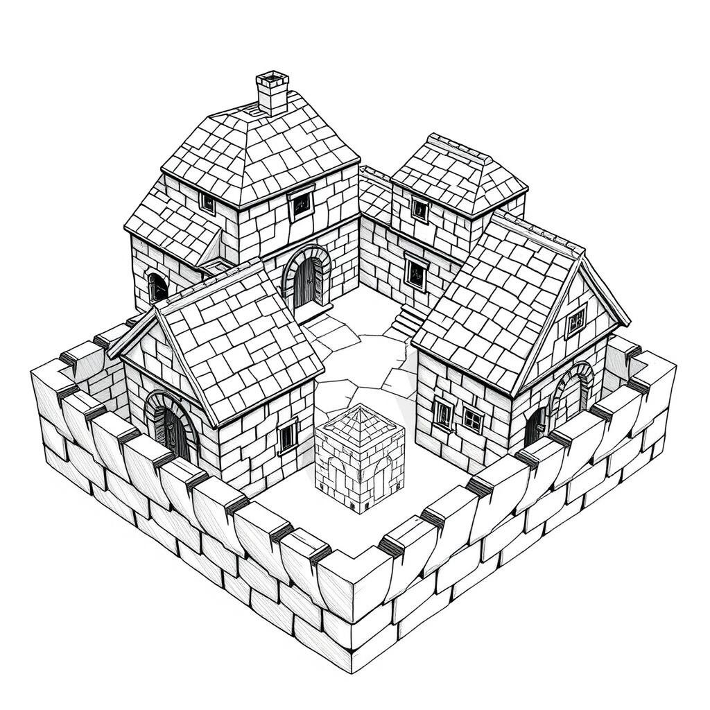 A side view black and white drawing of a dwarven squared housing block, showcasing 4 large identical two-floored square stone buildings