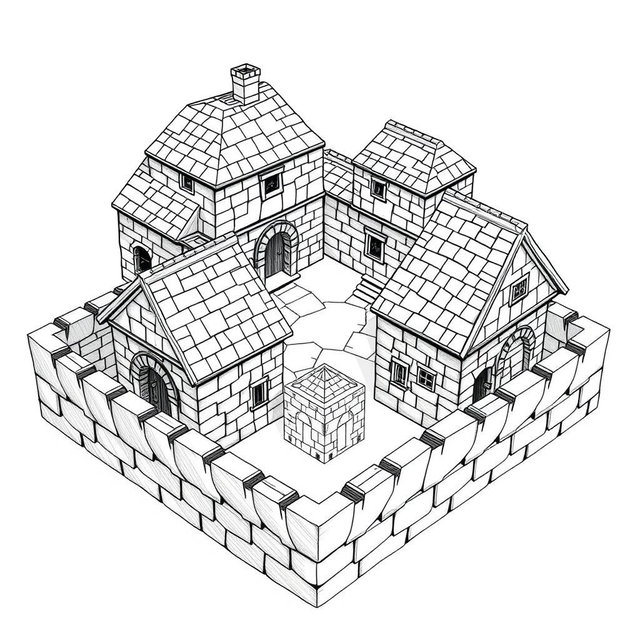 A side view black and white drawing of a dwarven squared housing block, showcasing 4 large identical two-floored square stone buildings