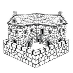 A side view black and white drawing of a dwarven squared housing block, showcasing 4 large identical two-floored square stone buildings