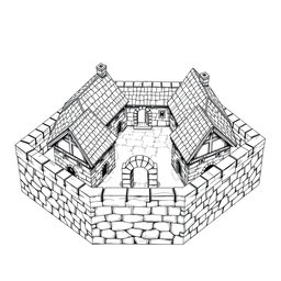 A side view black and white drawing of a dwarven squared housing block, showcasing 4 large identical two-floored square stone buildings