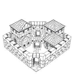 A side view black and white drawing of a dwarven squared housing block, showcasing 4 large identical two-floored square stone buildings