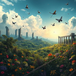 A surreal and thought-provoking landscape depicting the concept of extinction as freedom