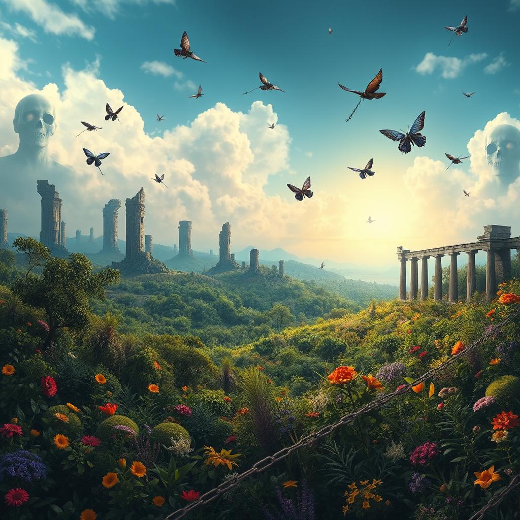 A surreal and thought-provoking landscape depicting the concept of extinction as freedom