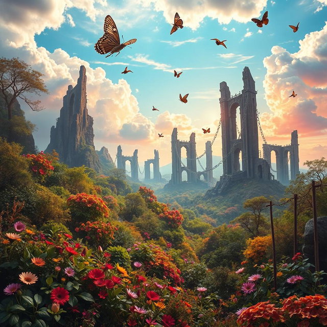 A surreal and thought-provoking landscape depicting the concept of extinction as freedom