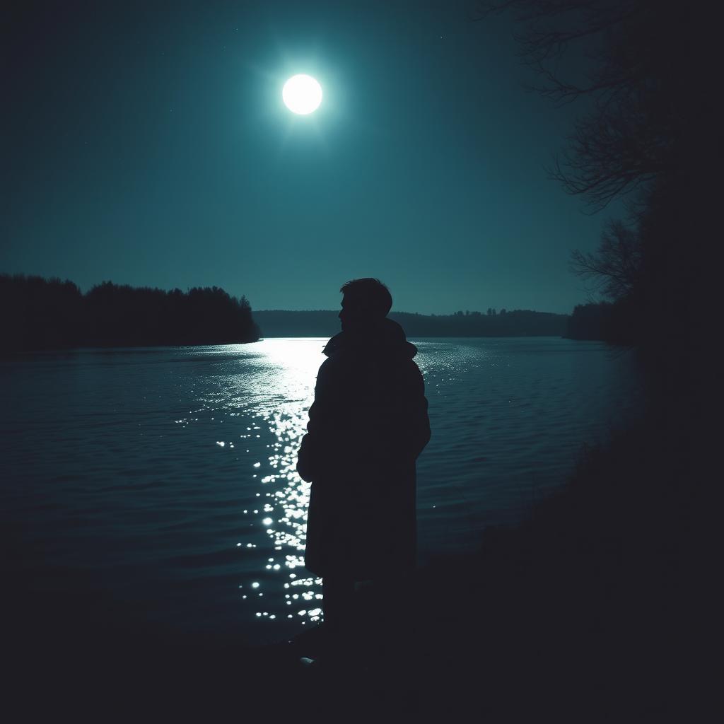 A solitary figure, a lonely person, stands on the riverbank looking out at the shimmering water under the night sky