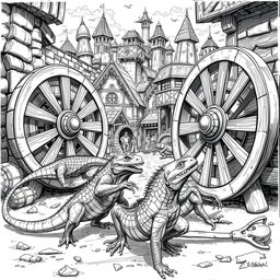 A dynamic black and white drawing depicting large lizards energetically running around circular wooden wheels