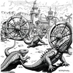 A dynamic black and white drawing depicting large lizards energetically running around circular wooden wheels