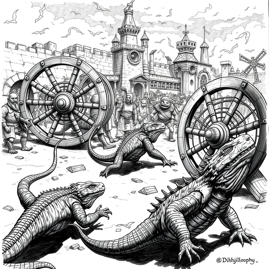 A dynamic black and white drawing depicting large lizards energetically running around circular wooden wheels