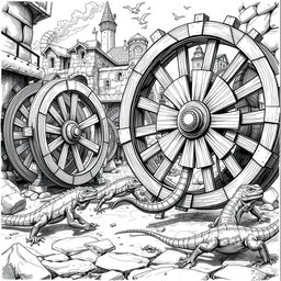 A dynamic black and white drawing depicting large lizards energetically running around circular wooden wheels