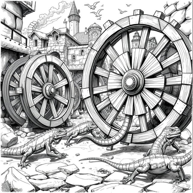 A dynamic black and white drawing depicting large lizards energetically running around circular wooden wheels