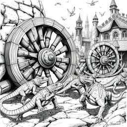 A dynamic black and white drawing depicting large lizards energetically running around circular wooden wheels