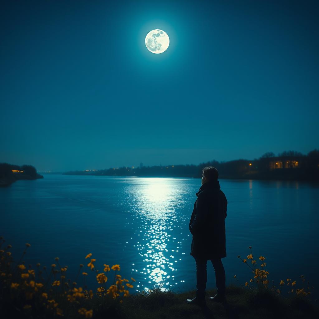 A solitary figure stands on the riverbank at night, gazing contemplatively out over the river