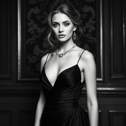 A sophisticated black and white portrait of a 20-year-old Baltic duchess, exuding royal elegance and sexy charm
