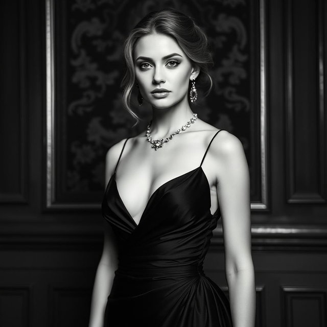 A sophisticated black and white portrait of a 20-year-old Baltic duchess, exuding royal elegance and sexy charm