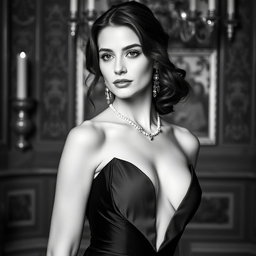A sophisticated black and white portrait of a 20-year-old Baltic duchess, exuding royal elegance and sexy charm