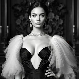 A sophisticated black and white portrait of a 20-year-old Baltic duchess, exuding royal elegance and sexy charm