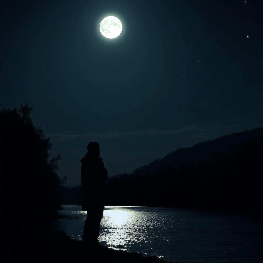 A solitary figure stands on the riverbank at night, gazing out contemplatively at the calm river