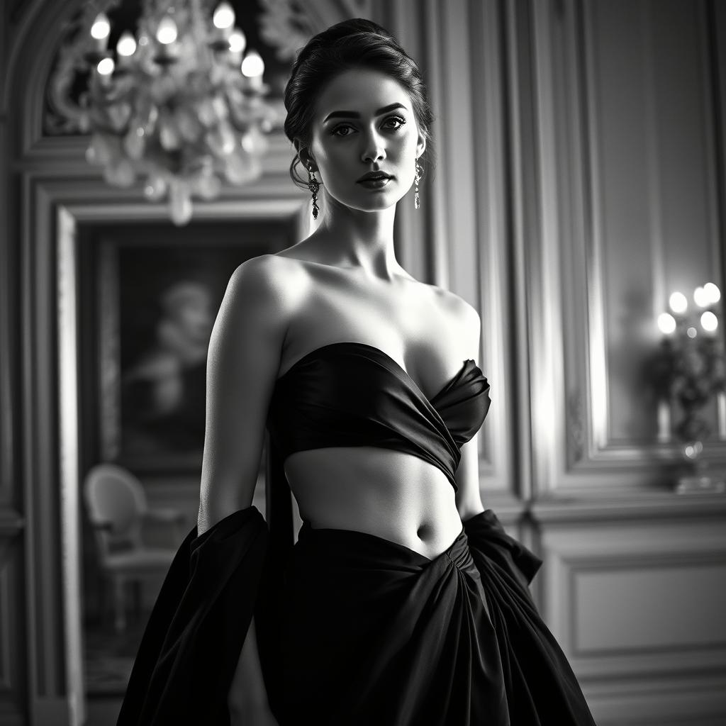 An elegant black and white portrait of a 20-year-old Baltic duchess, showcasing her royal and regal bearing