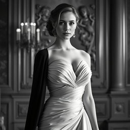 An elegant black and white portrait of a 20-year-old Baltic duchess, showcasing her royal and regal bearing