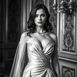 An elegant black and white portrait of a 20-year-old Baltic duchess, showcasing her royal and regal bearing