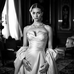 An elegant black and white portrait of a 20-year-old Baltic duchess, showcasing her royal and regal bearing