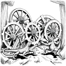 A dynamic black and white drawing featuring large lizards energetically running around circular wooden wheels