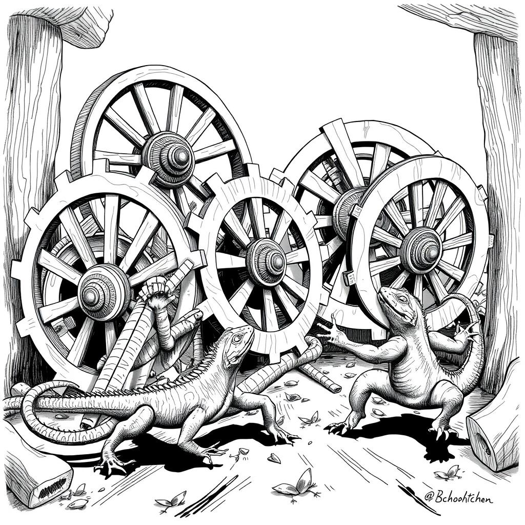 A dynamic black and white drawing featuring large lizards energetically running around circular wooden wheels