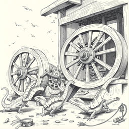 A dynamic black and white drawing featuring large lizards energetically running around circular wooden wheels