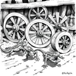A dynamic black and white drawing featuring large lizards energetically running around circular wooden wheels