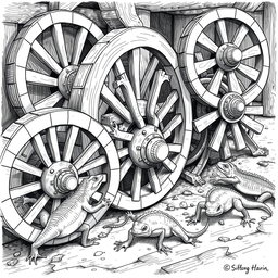 A dynamic black and white drawing featuring large lizards energetically running around circular wooden wheels