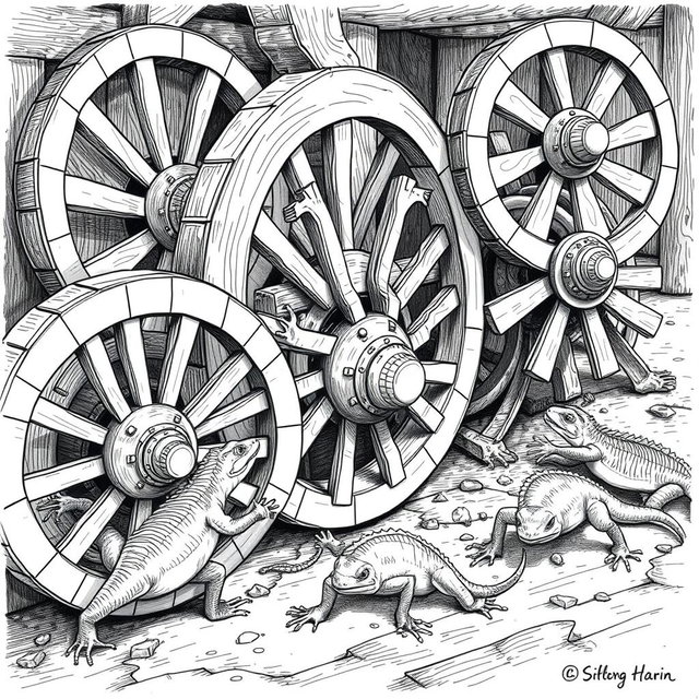 A dynamic black and white drawing featuring large lizards energetically running around circular wooden wheels