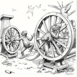 A captivating black and white drawing featuring large, powerful lizards energetically running inside circular wooden wheels or cages