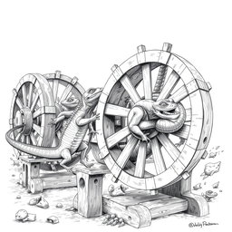 A captivating black and white drawing featuring large, powerful lizards energetically running inside circular wooden wheels or cages