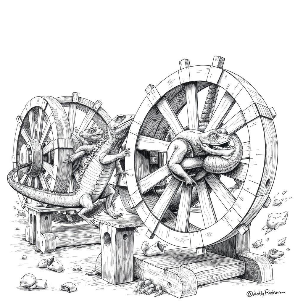 A captivating black and white drawing featuring large, powerful lizards energetically running inside circular wooden wheels or cages