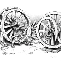 A captivating black and white drawing featuring large, powerful lizards energetically running inside circular wooden wheels or cages