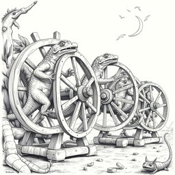 A captivating black and white drawing featuring large, powerful lizards energetically running inside circular wooden wheels or cages