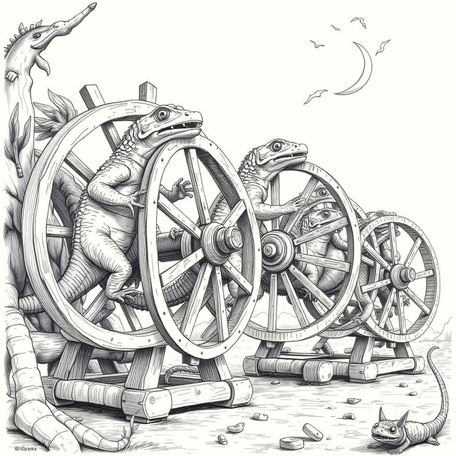 A captivating black and white drawing featuring large, powerful lizards energetically running inside circular wooden wheels or cages