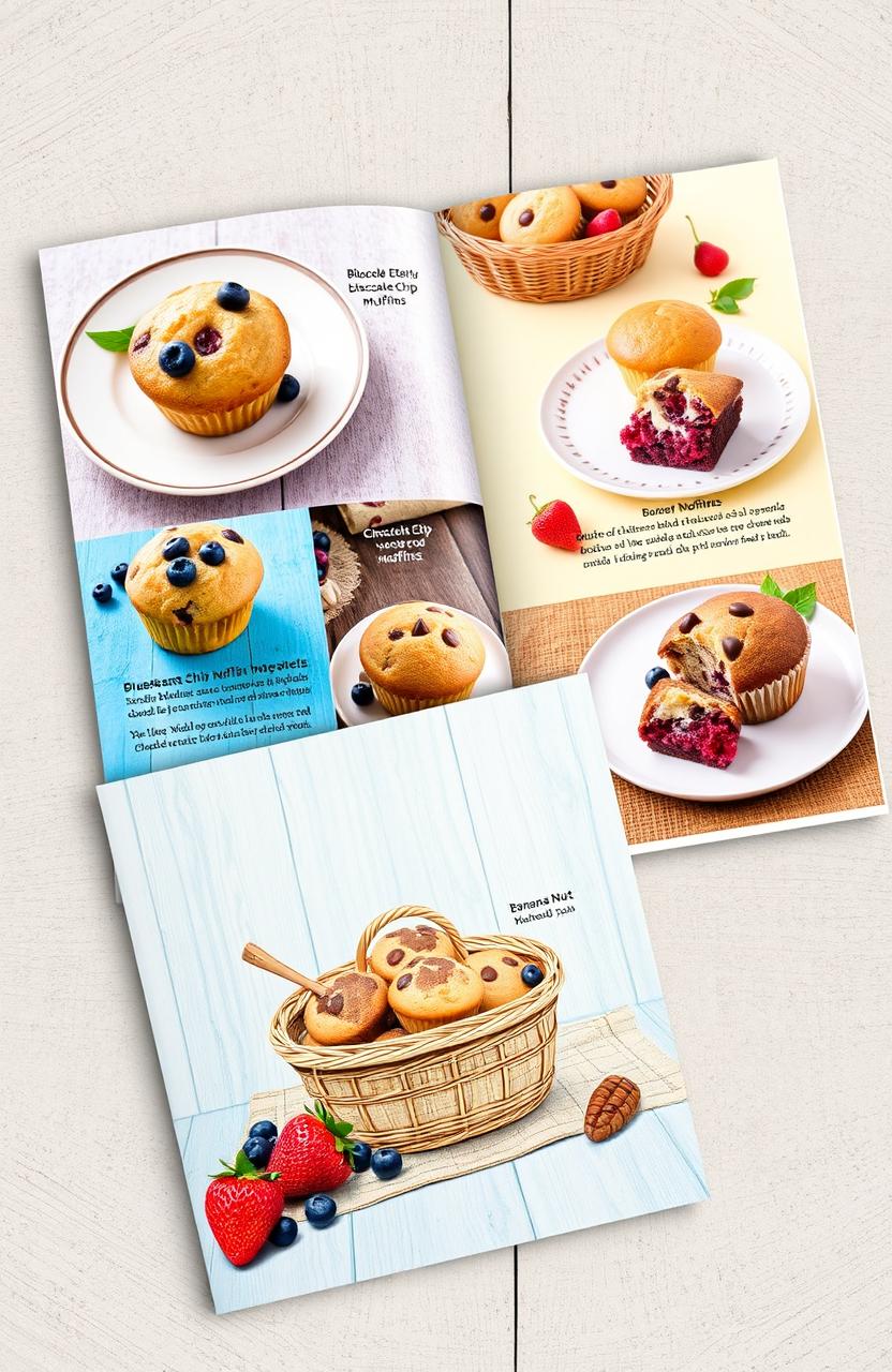 A beautifully designed A4 booklet featuring an array of delectable muffins, showcasing a variety of flavors and presentations
