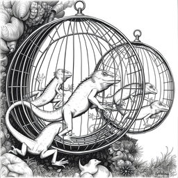 A striking black and white drawing featuring large lizards energetically running inside circular cages that resemble squirrel cages
