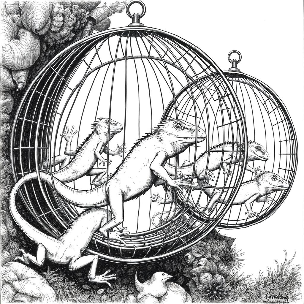 A striking black and white drawing featuring large lizards energetically running inside circular cages that resemble squirrel cages